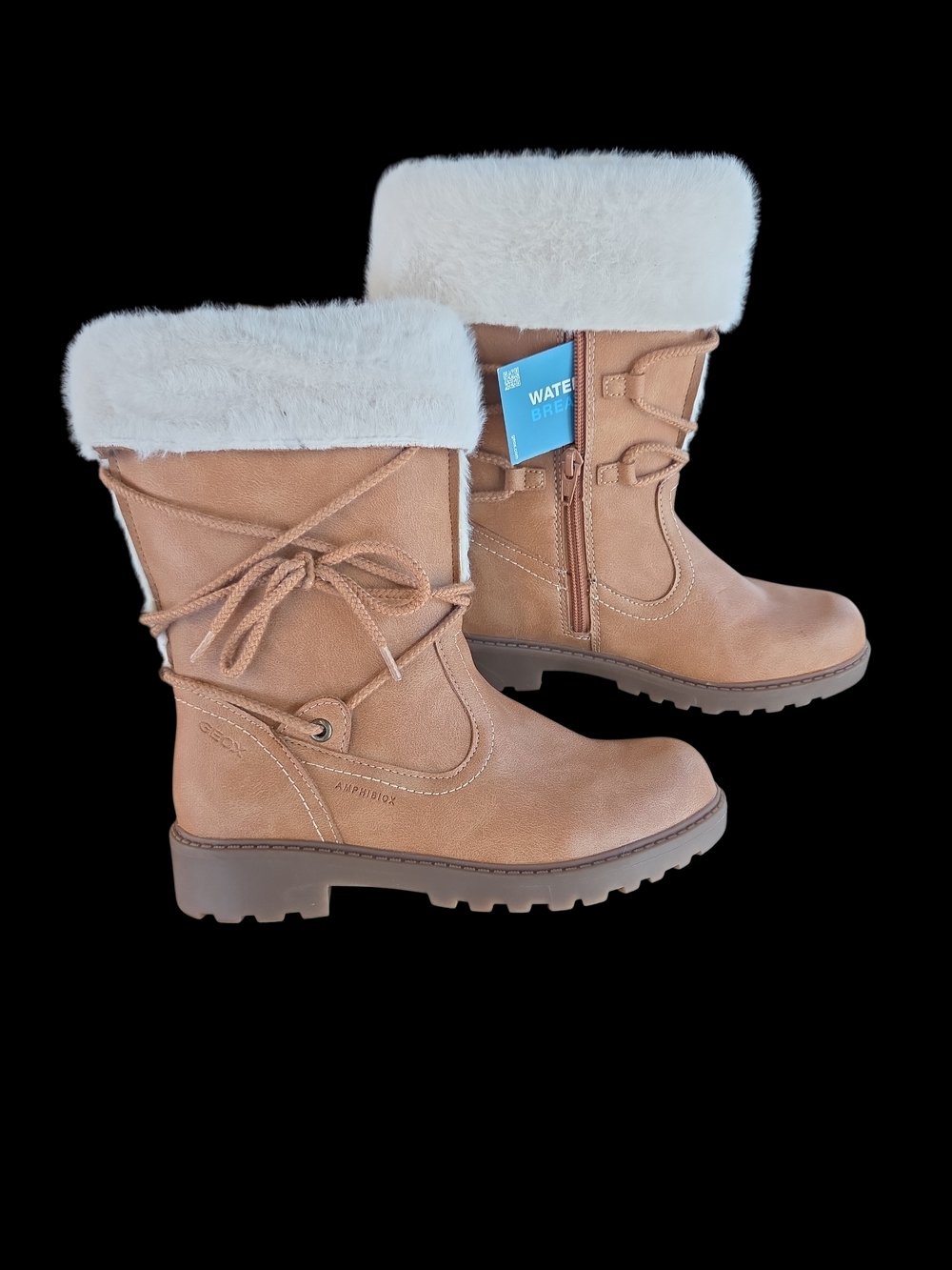 Geox Size 6 Women’s NEW Tan Waterproof Leather Winter Boots with White Faux-Fur